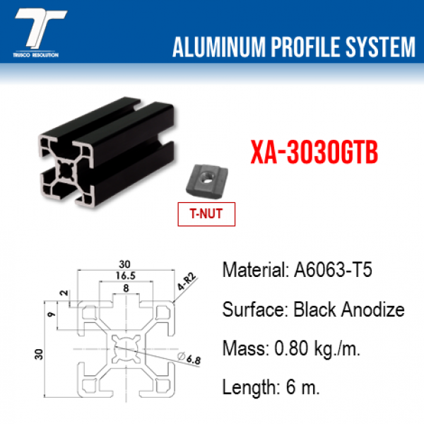XA-3030GTB-6000  ALUMINUM PROFILE BLACK SERIES